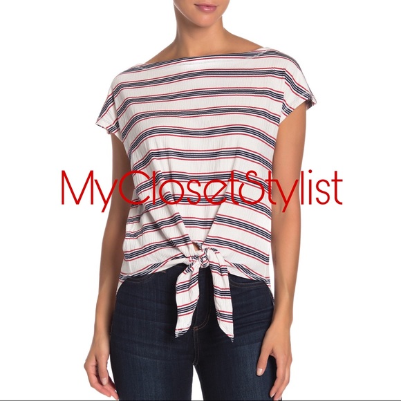 MAX STUDIO USA Stripe Tie Top S NWT Red White blue - Picture 1 of 5